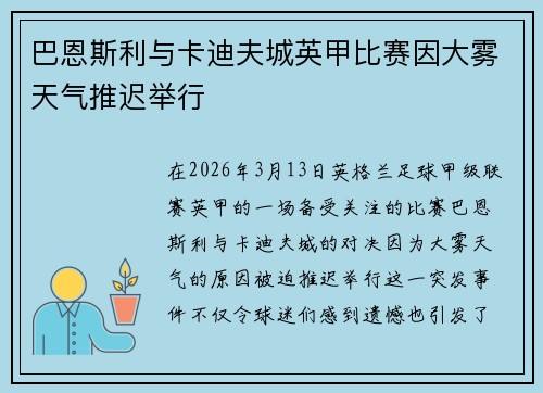巴恩斯利与卡迪夫城英甲比赛因大雾天气推迟举行